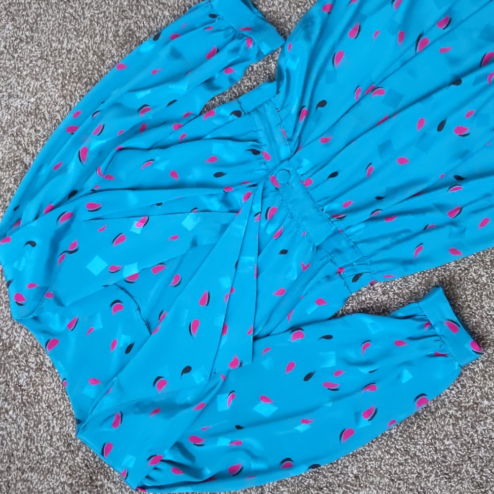 Awesome Retro 80s/90s Teal & Pink Brush Dot Collared Dress, Size 4/6 - Picture 2 of 9